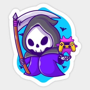 Cute Grim Reaper Gaming With Scythe Cartoon Sticker